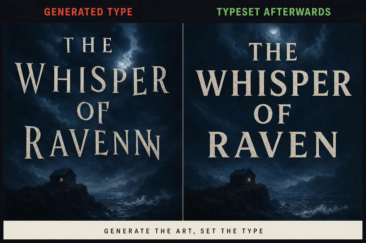 A book title with malformed generated letterforms beside the same title properly typeset