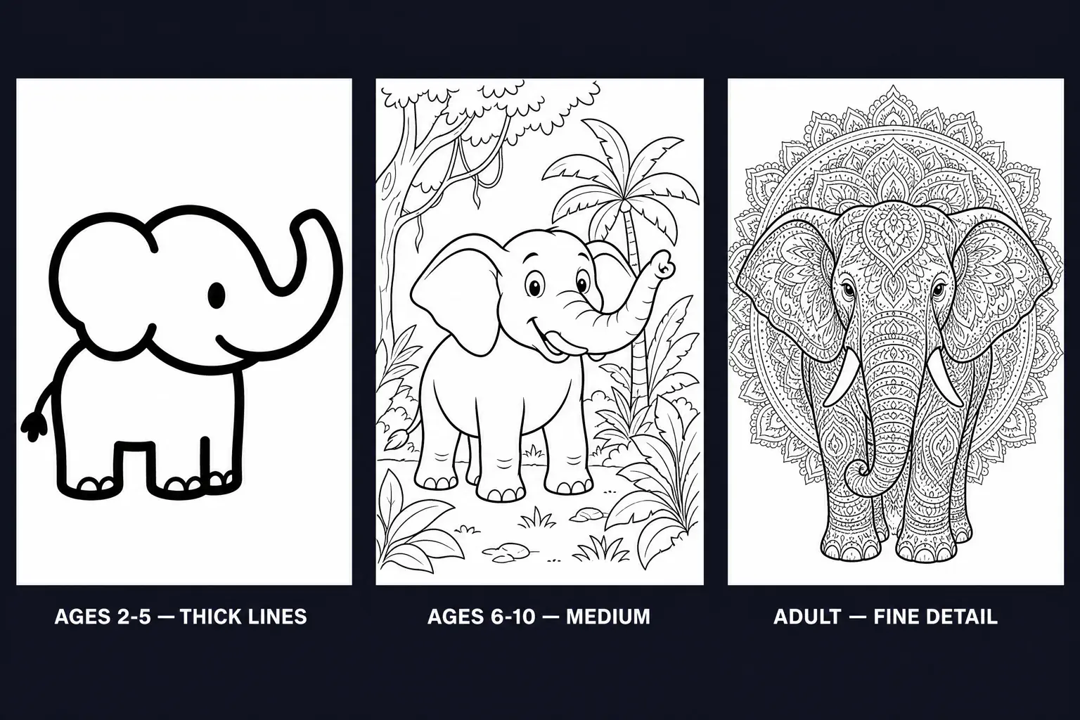 Three coloring pages showing thick, medium and fine line weights for different age groups