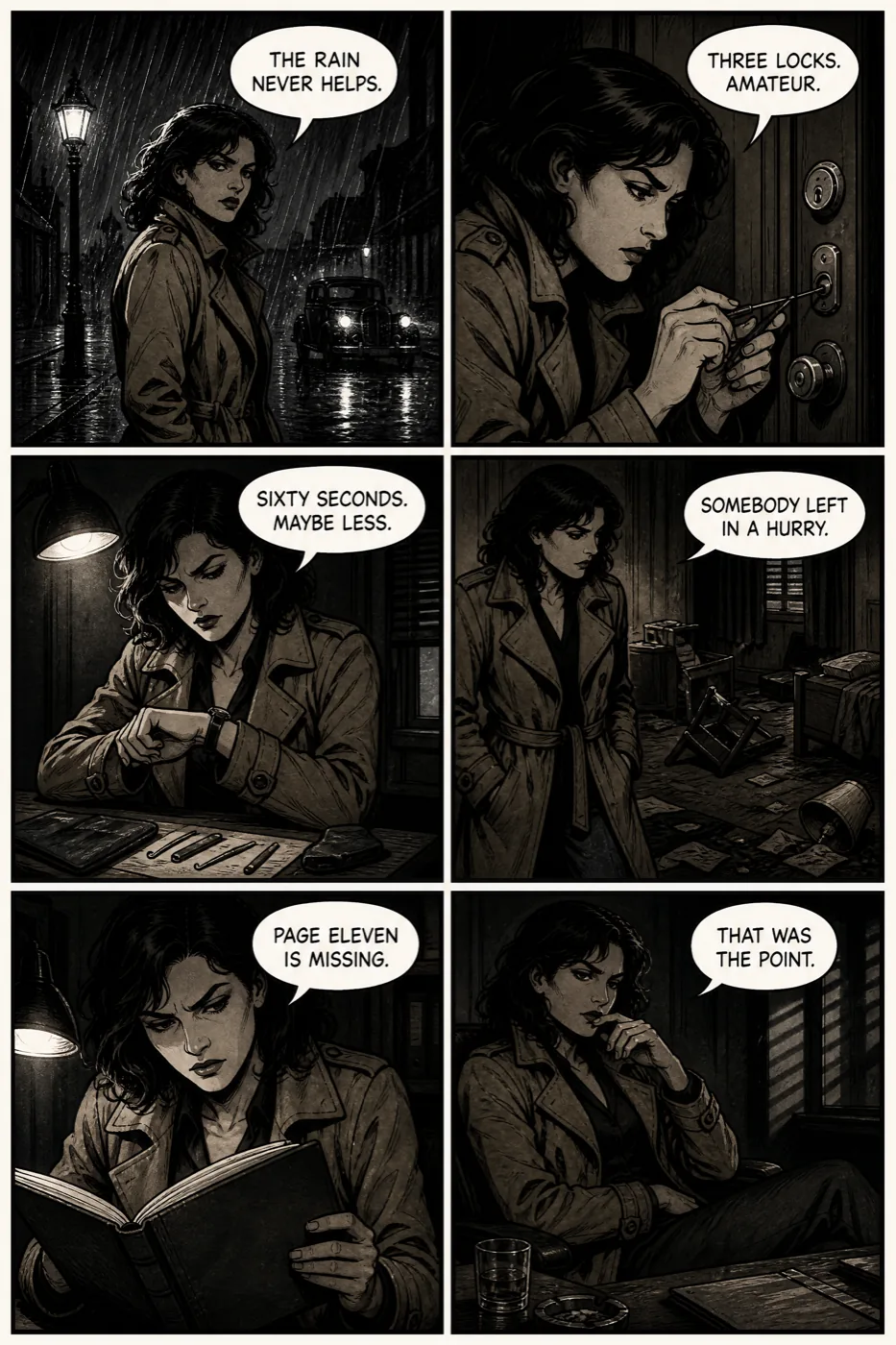 A six-panel comic page where all six specified lines of dialogue appear verbatim in the correct panels