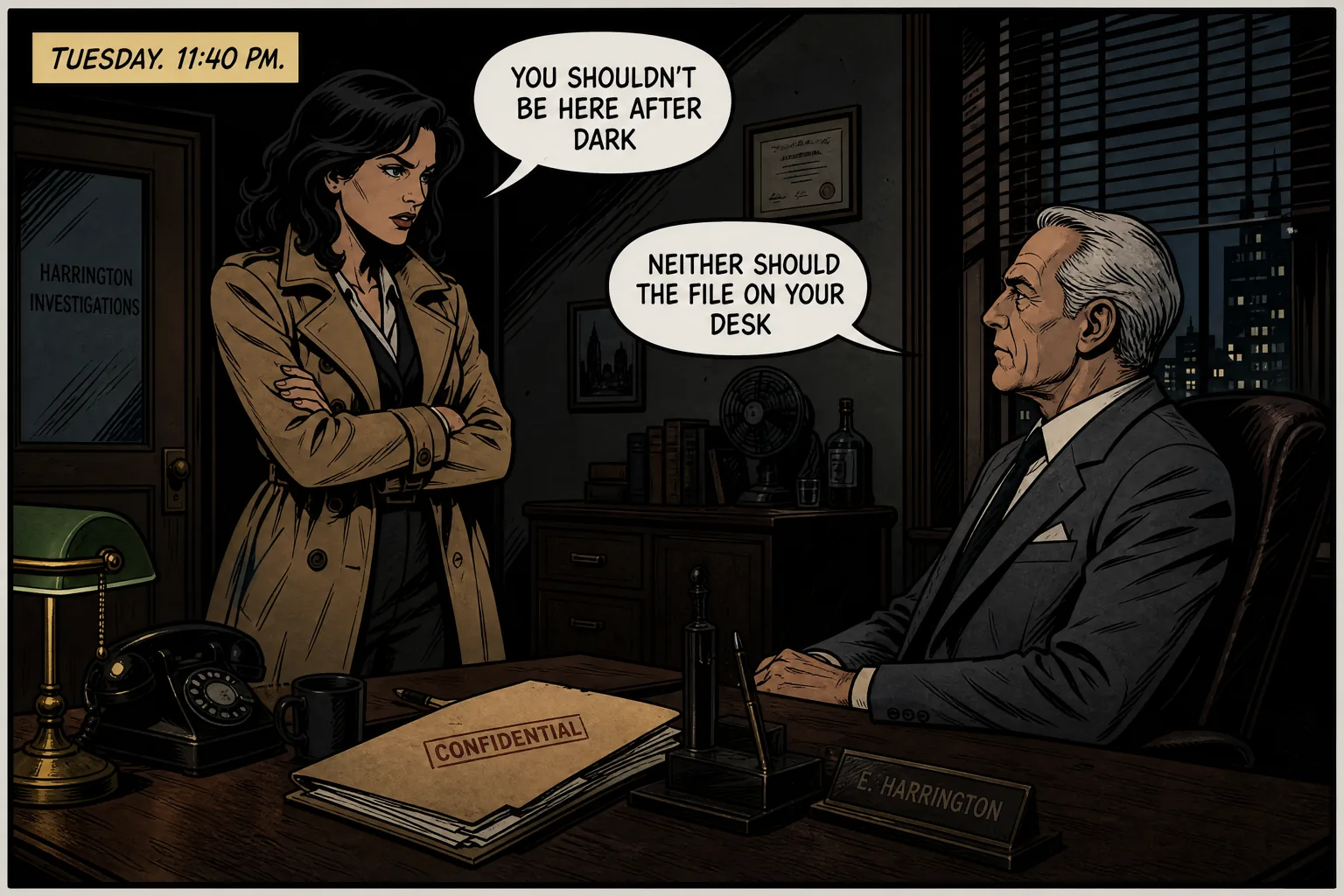 A comic panel with two speech bubbles and a caption box, all text rendered correctly