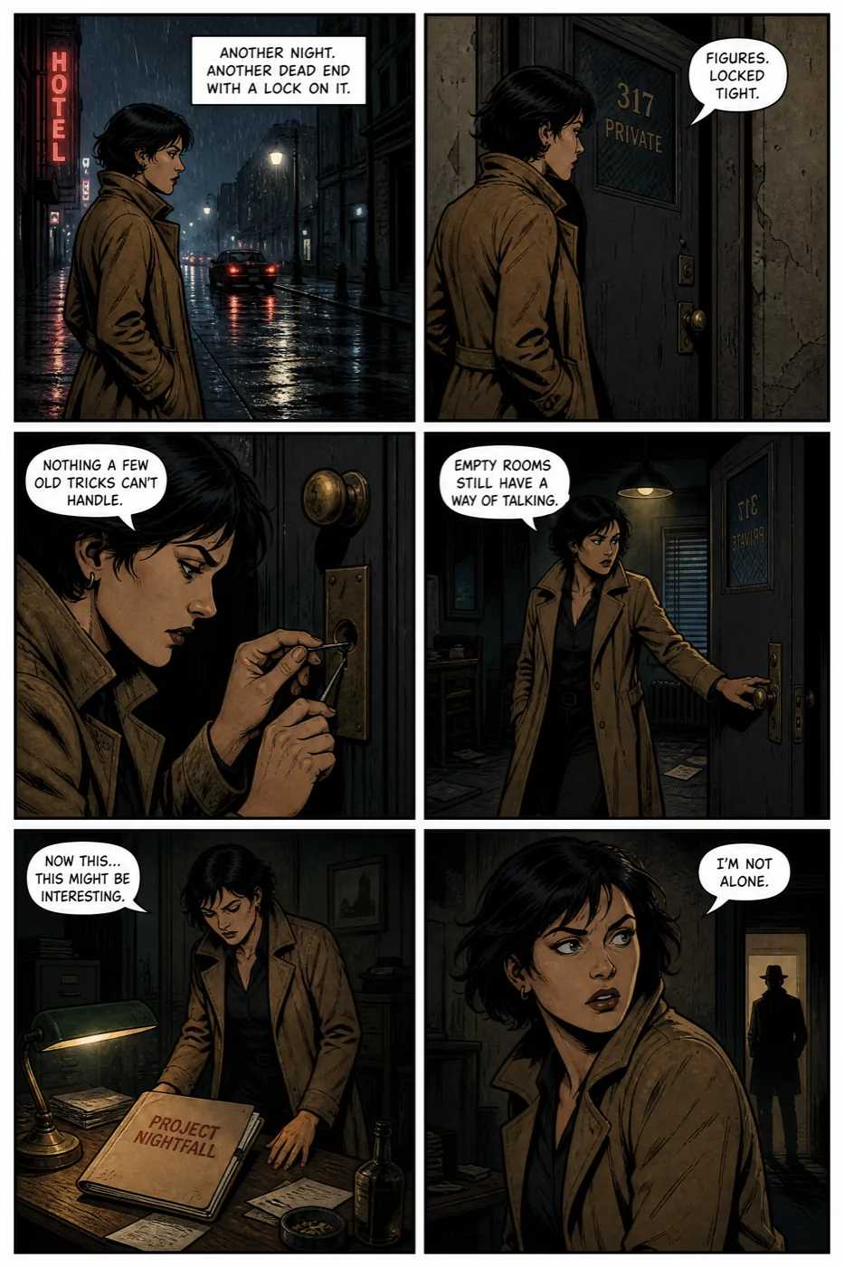 A six-panel comic page generated from a single prompt, with consistent character and readable dialogue