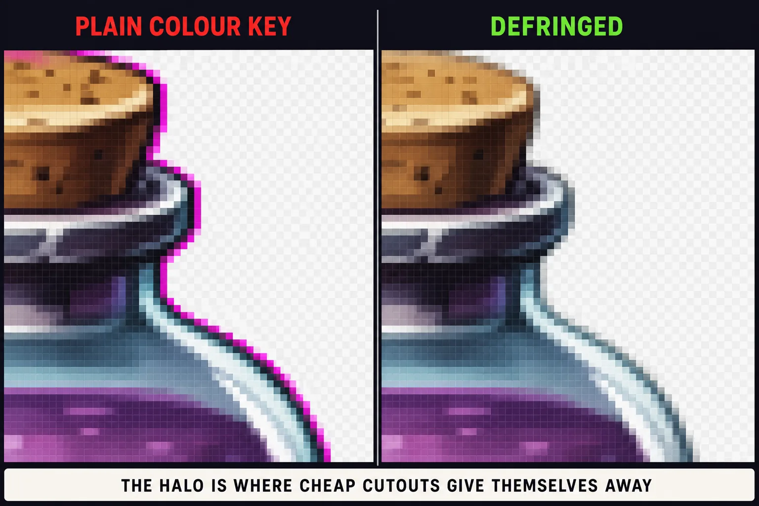 Magnified comparison of a cut-out edge with a magenta halo against the same edge cleanly defringed