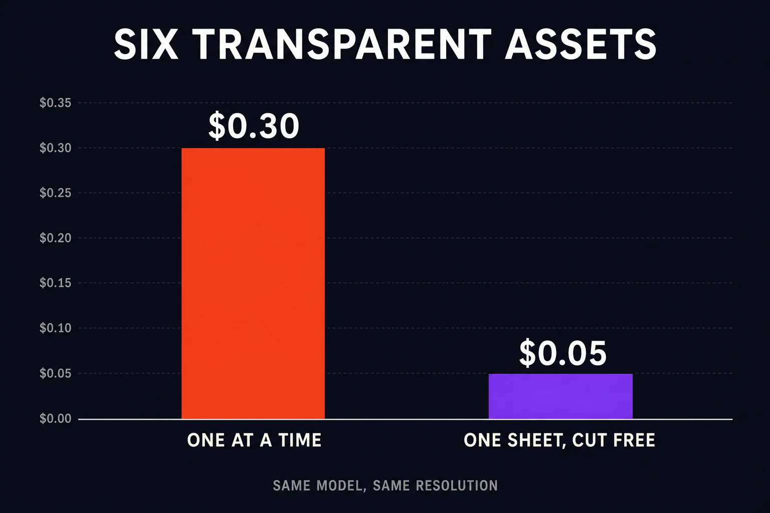 Bar chart comparing six assets generated individually against one sheet cut into six