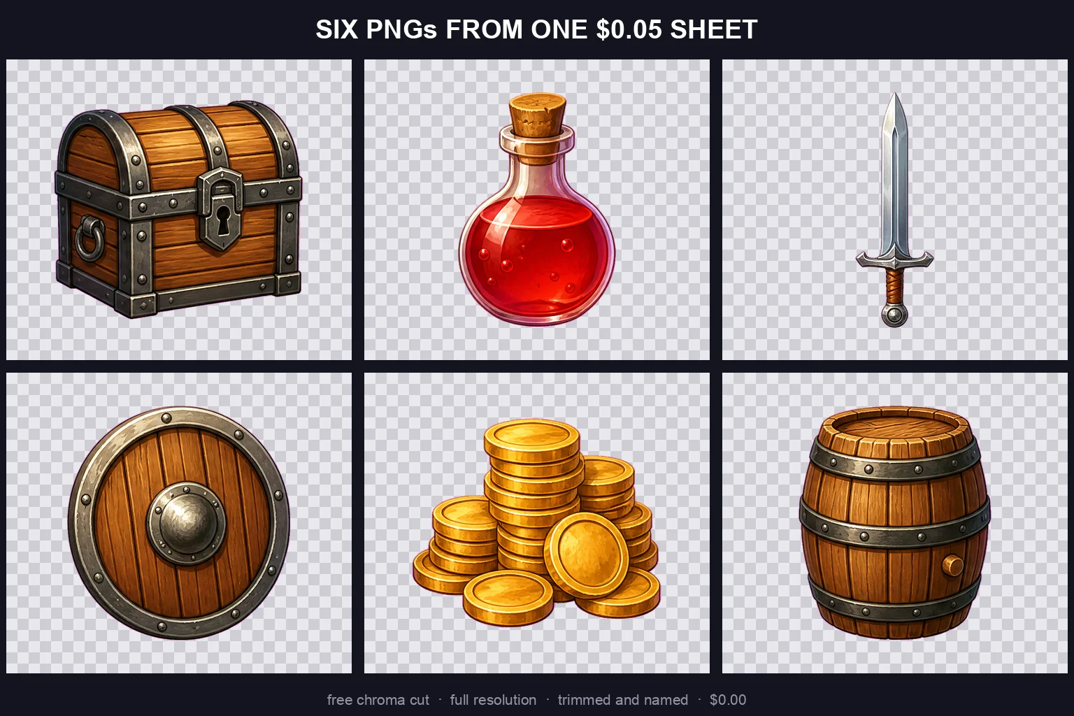 Six game props cut out of one sheet as separate transparent PNGs on a checkerboard