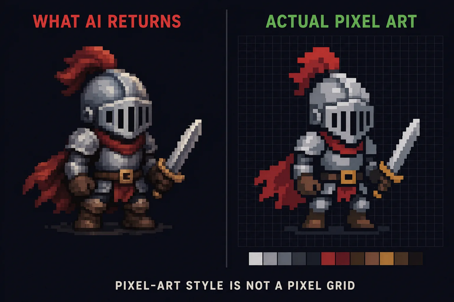 Comparison of an AI pixel-art-style image against a true sprite on a regular pixel grid
