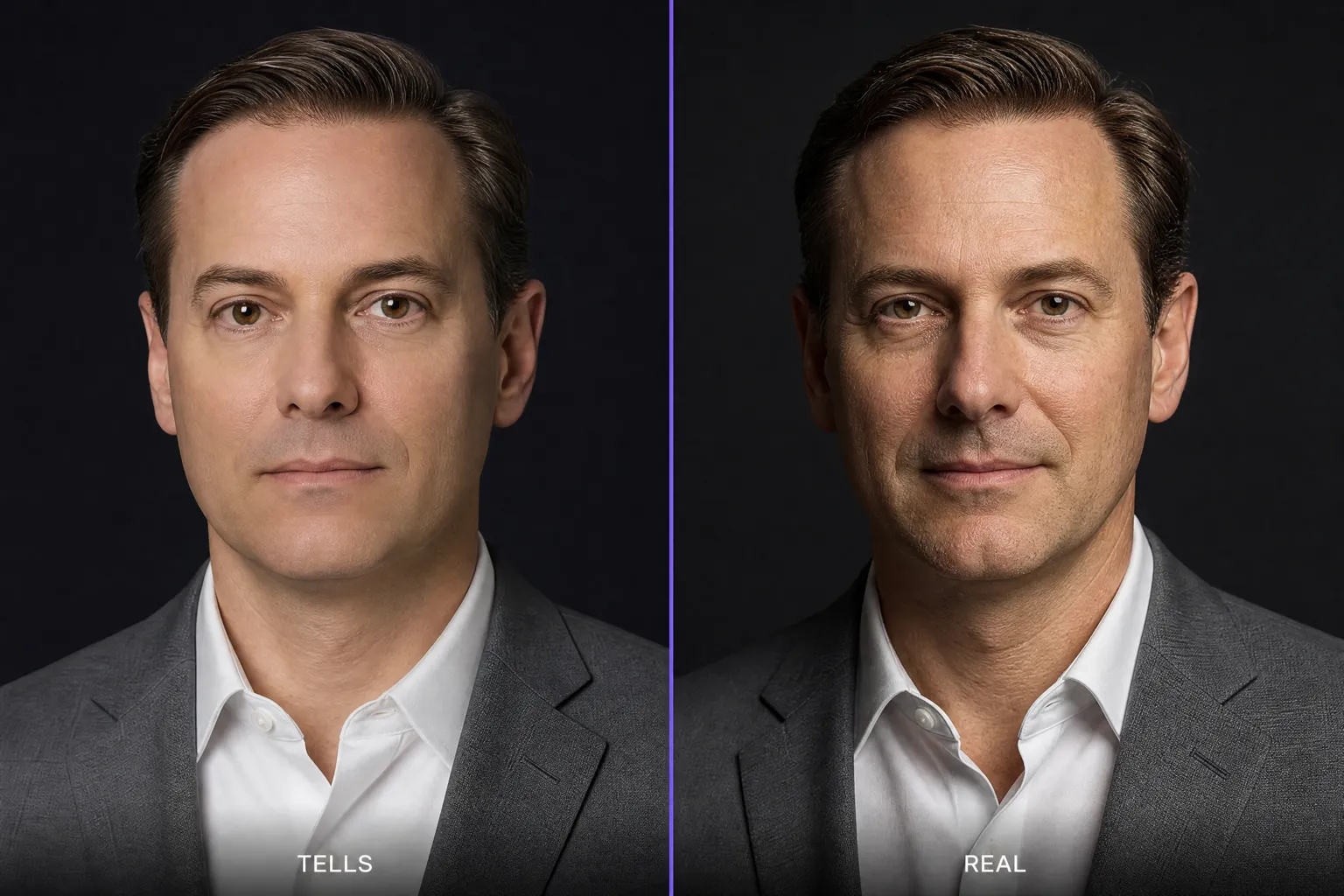 Side-by-side comparison of an AI headshot with visible artefacts against a natural-looking result