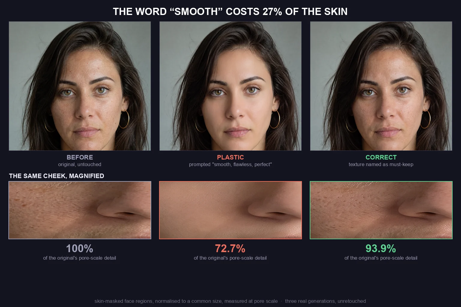 One portrait retouched two ways, with magnified cheek crops and measured pore-scale detail for each