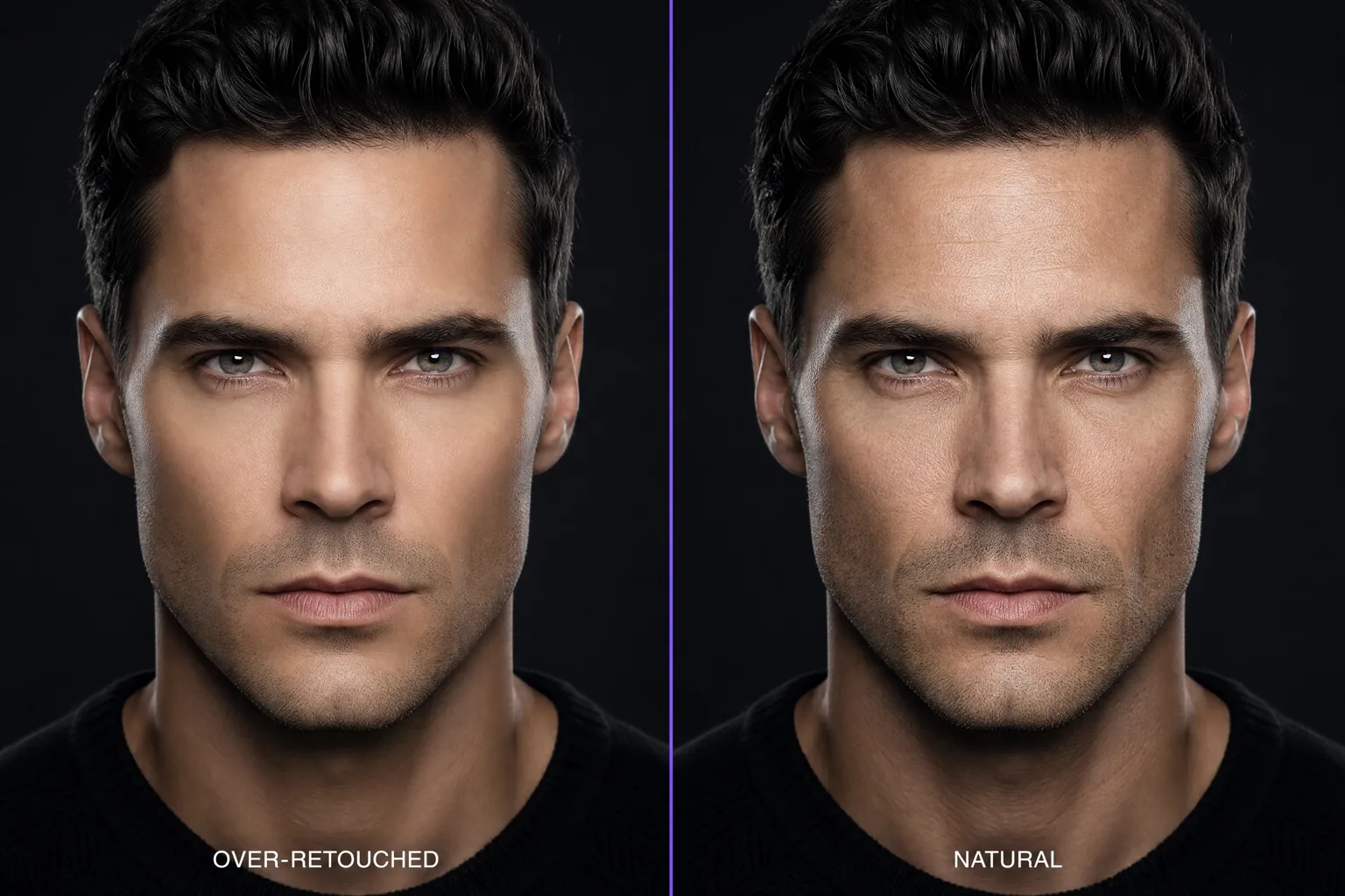 Side-by-side comparison of an over-retouched portrait with waxy plastic skin next to a naturally retouched version with preserved pores