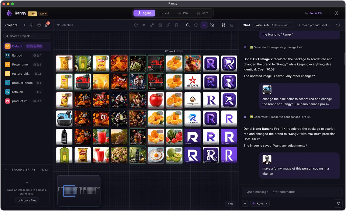 The Rangy Agent canvas with a retouch project in the sidebar and a chat panel showing per-generation model names and costs