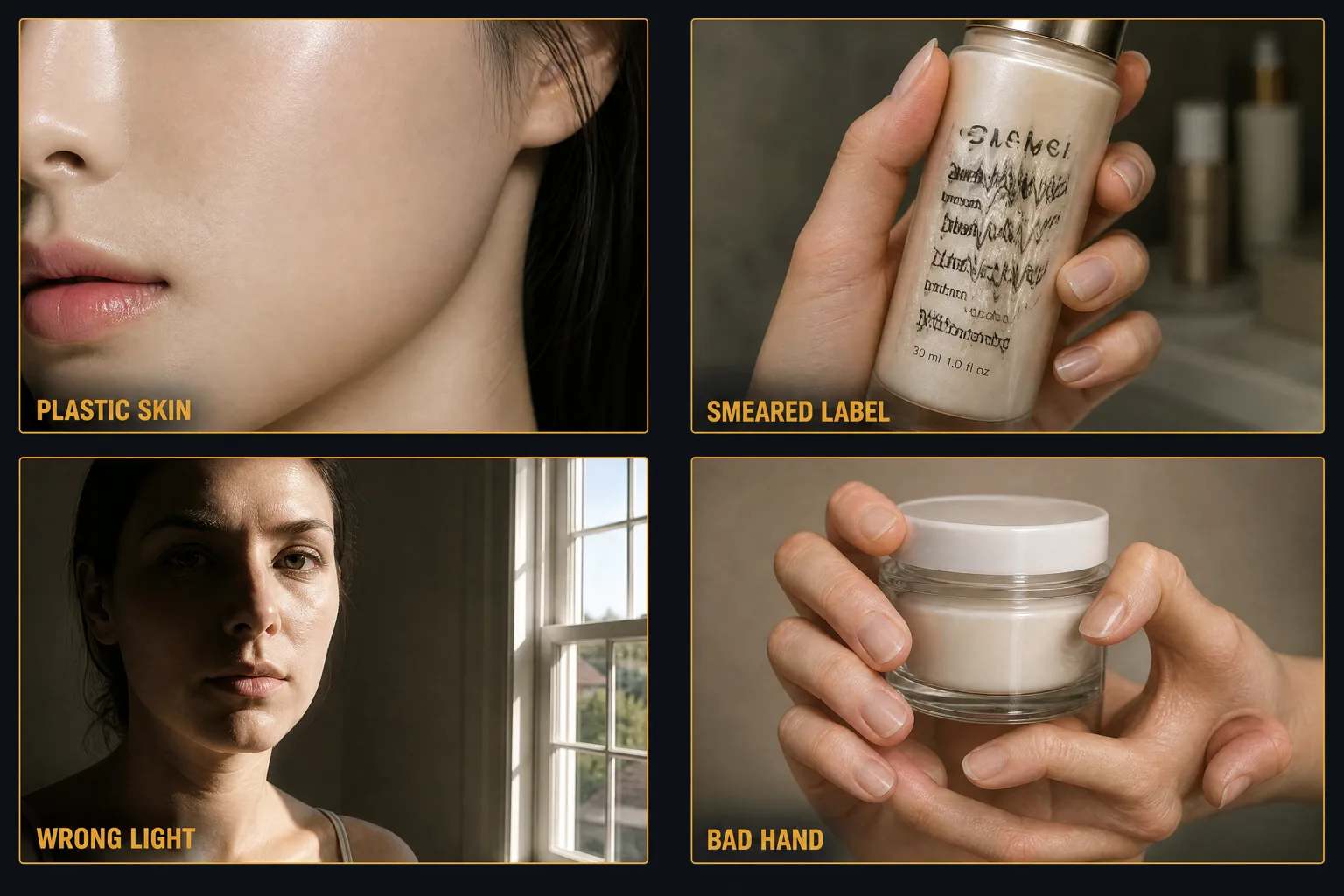 A four-panel comparison showing waxy skin, a smeared product label, contradictory lighting and a malformed hand