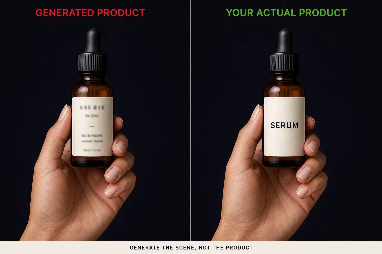 Side-by-side comparison of a generated product with an unreadable label against the same shot using the real product
