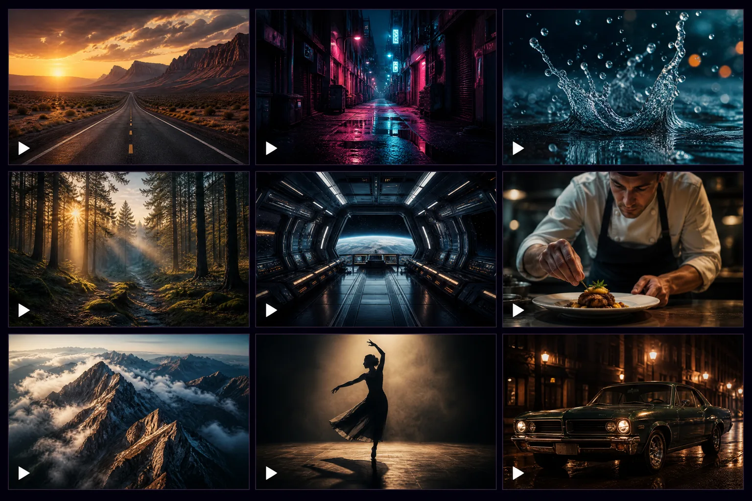 A three by three grid of cinematic AI-generated video frames across different genres