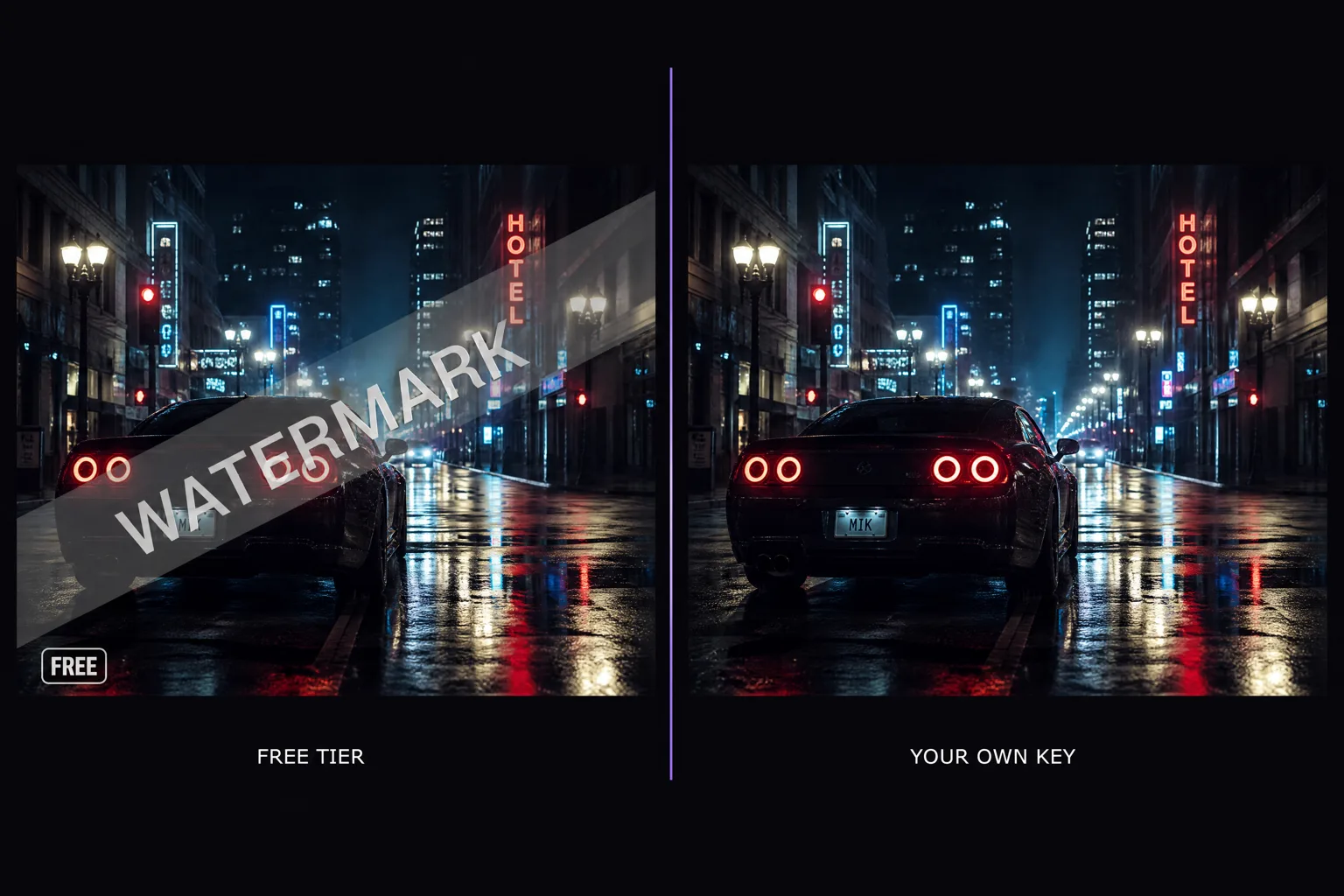 Two identical AI-generated night city video frames side by side, the left covered by a free-tier watermark and the right completely clean