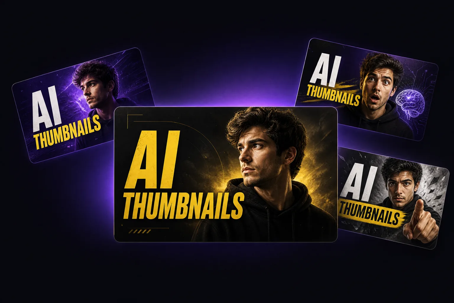 Four AI-generated YouTube thumbnail variations produced from a single base image and a three-word title
