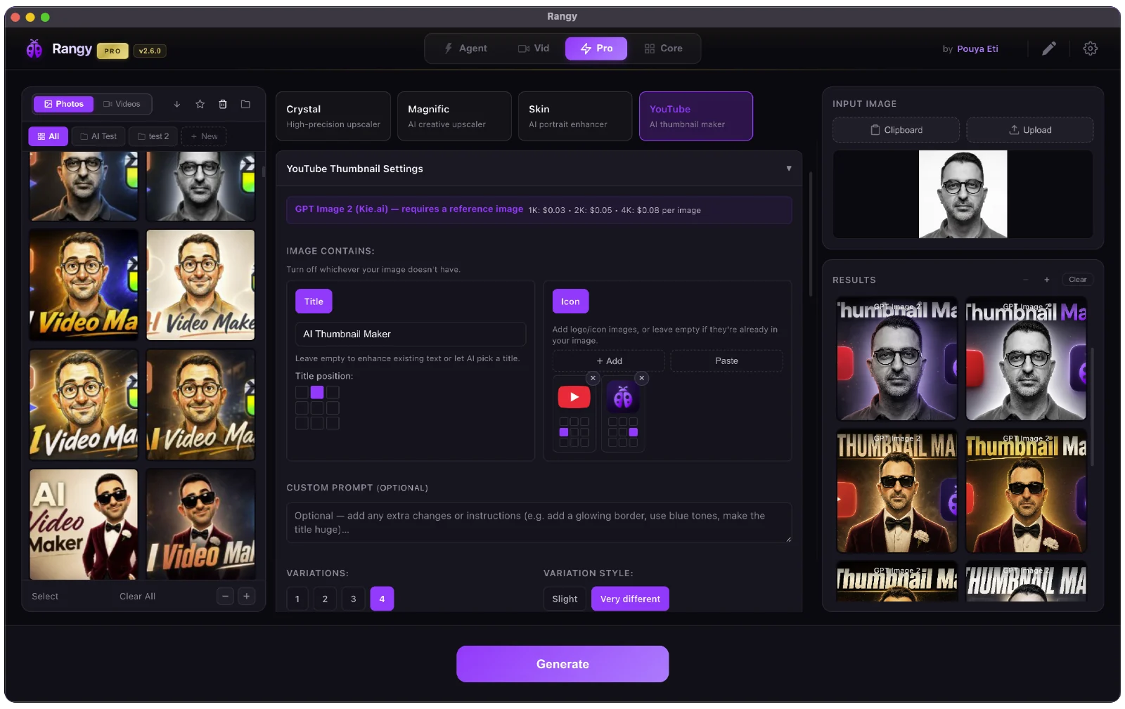 The Rangy YouTube thumbnail maker interface showing the title field, 3x3 title position grid, logo icon placement, variation count and generated thumbnail results