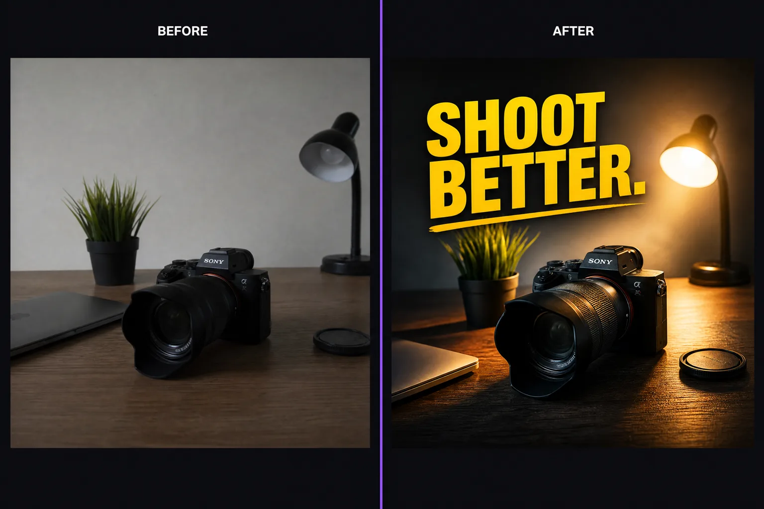 Before and after comparison of a flat unedited desk photo and the same scene turned into a polished YouTube thumbnail with dramatic lighting and bold text