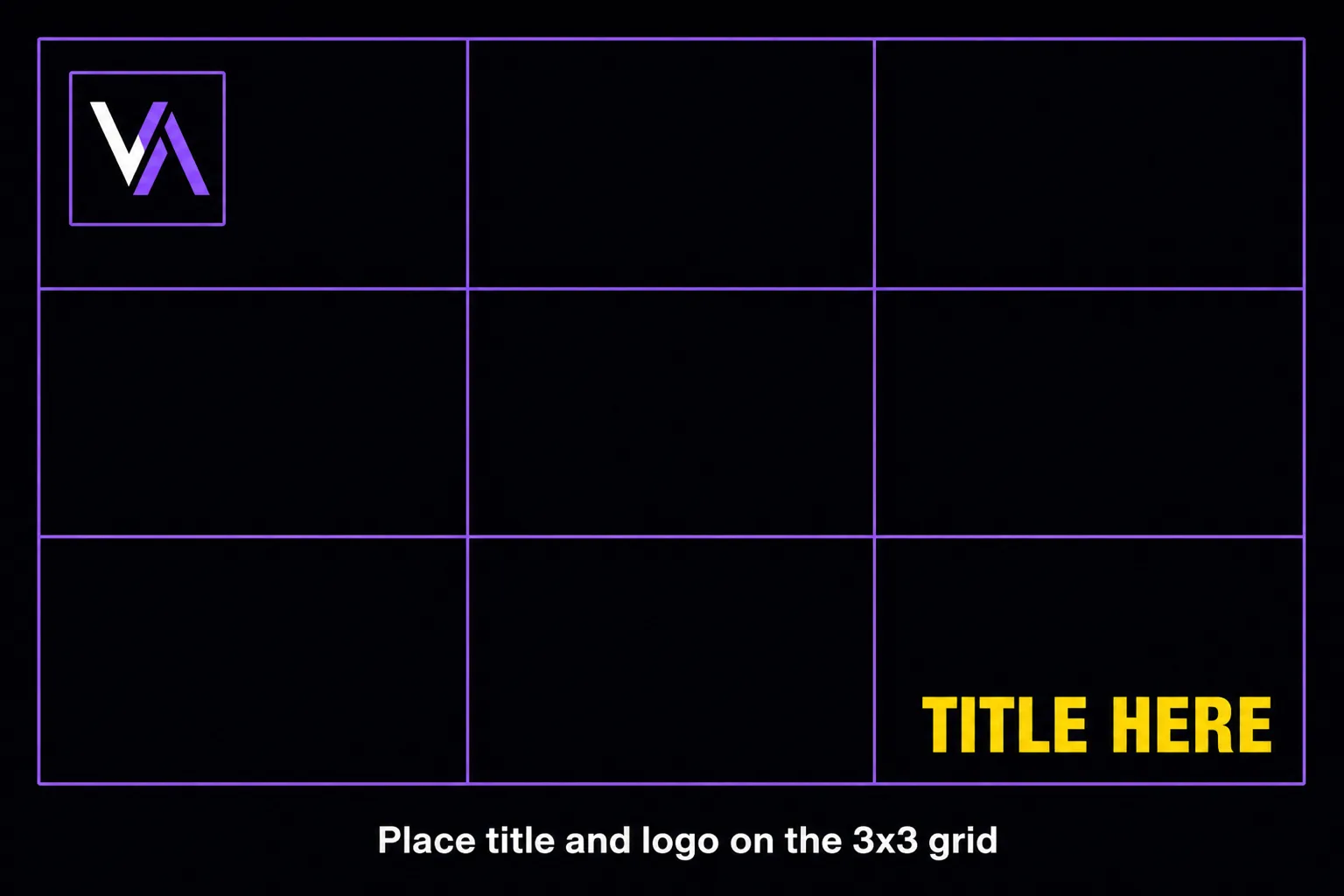 A YouTube thumbnail frame divided into a 3x3 placement grid with a logo in the top-left cell and title text in the lower-right