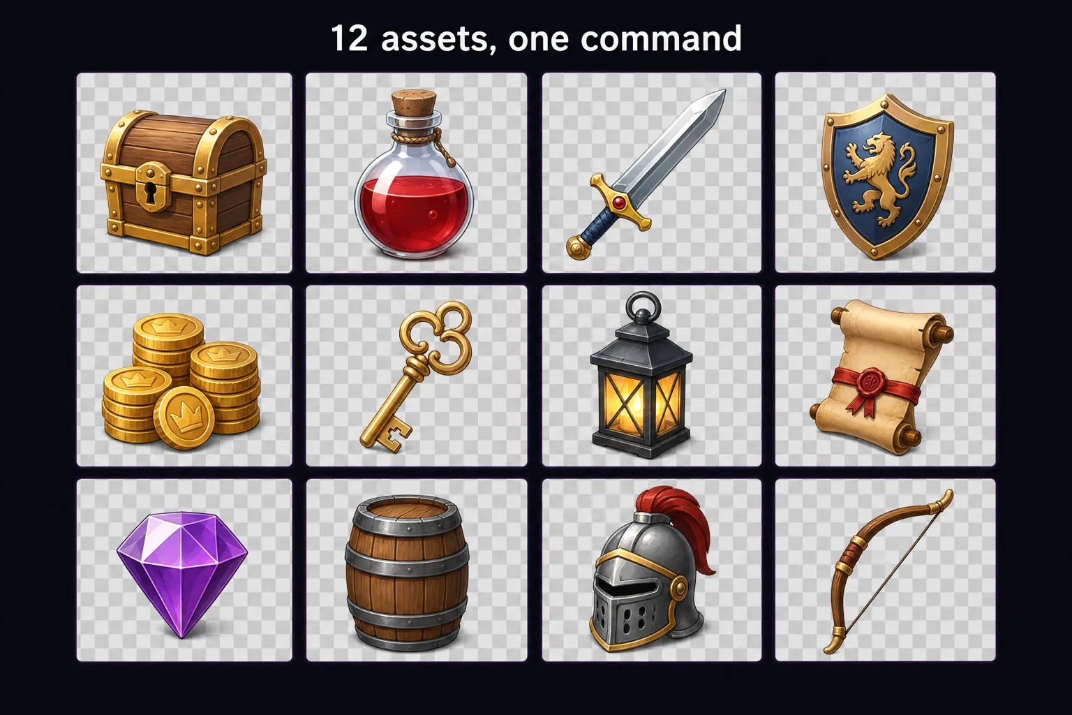 A grid of twelve generated game asset icons on transparent tiles, produced from a single batch instruction