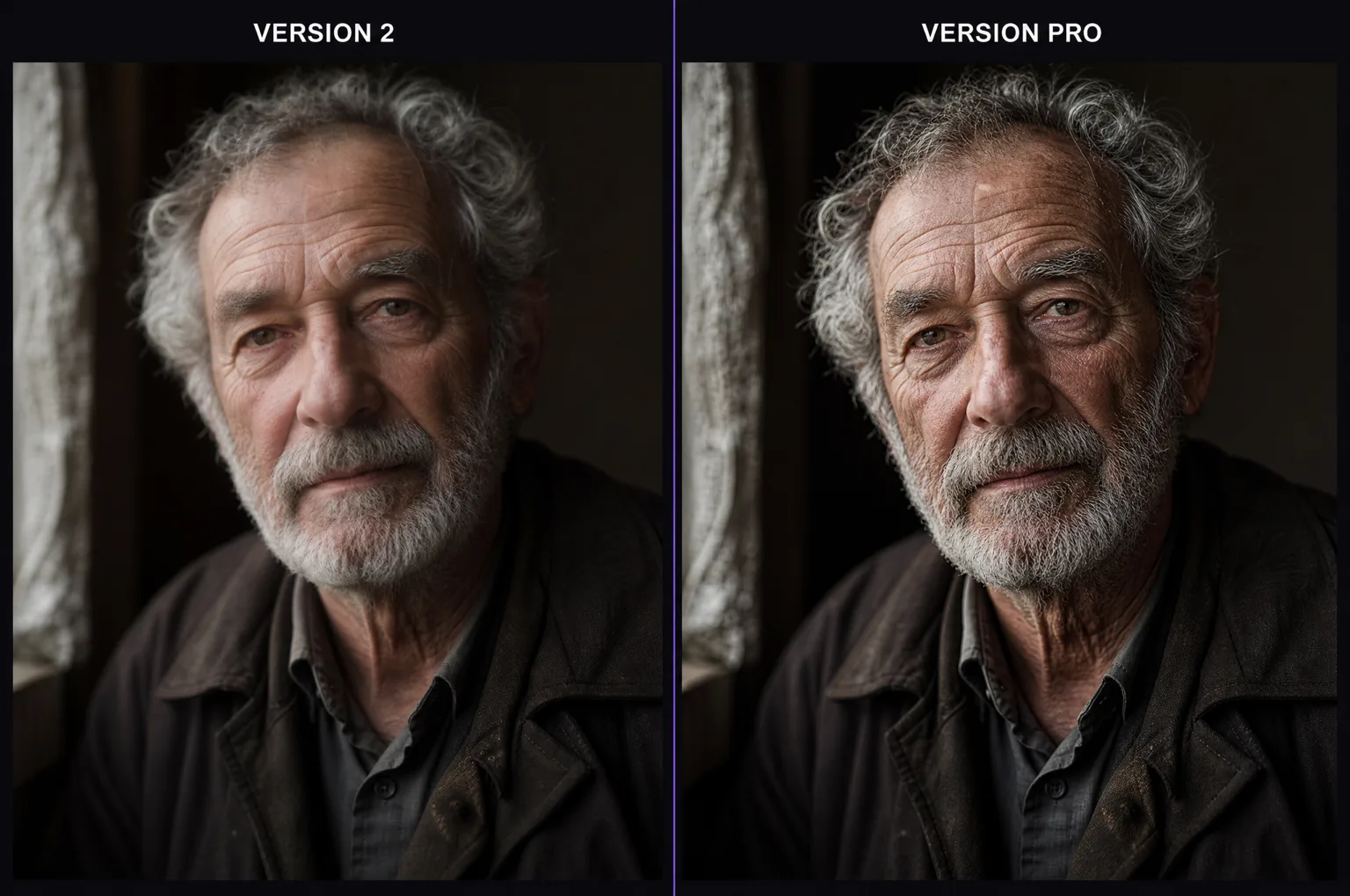 Two-panel portrait comparison of the same man, showing subtle differences in skin texture and detail between the two models