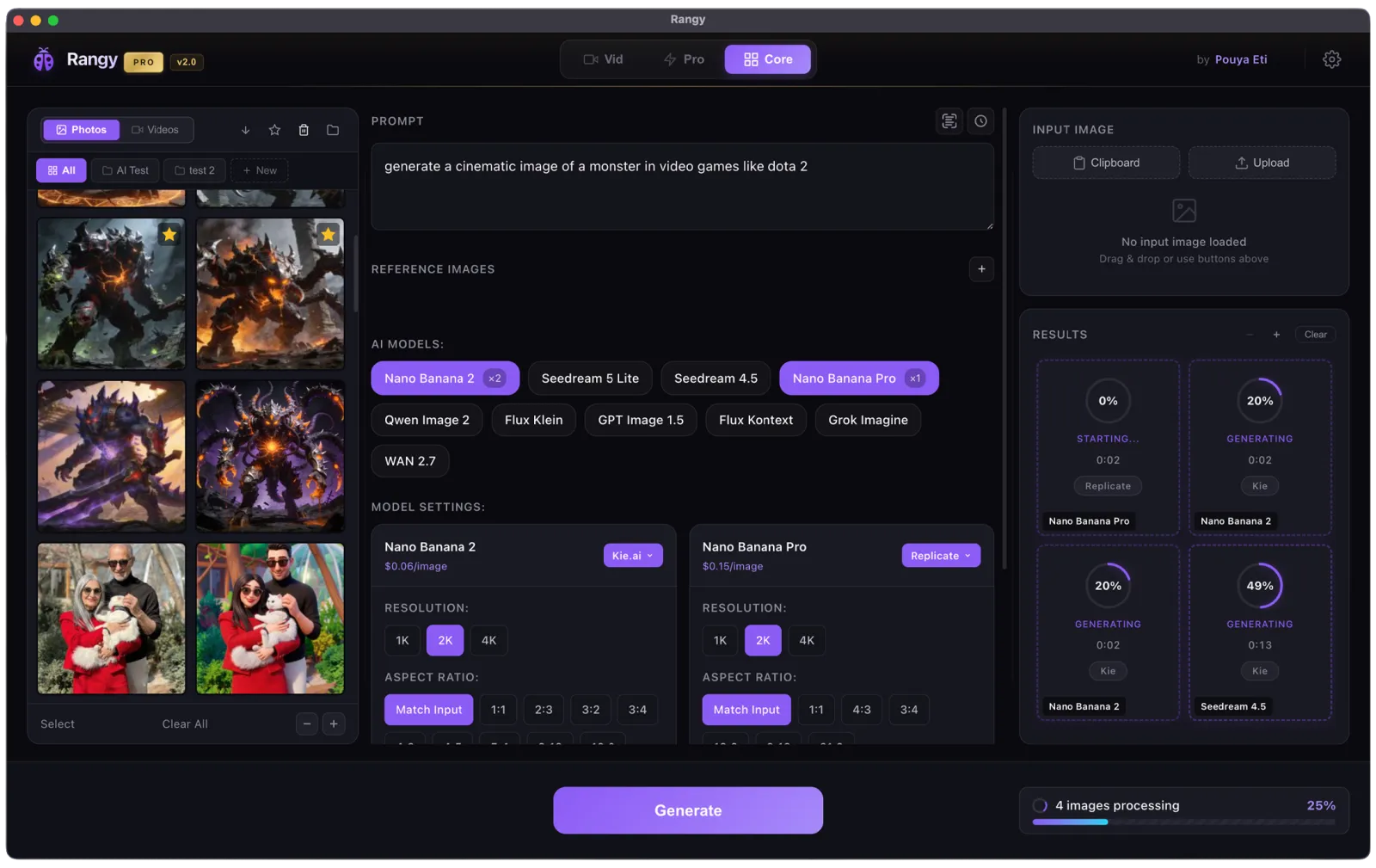 The Rangy Core tab with both Nano Banana 2 and Nano Banana Pro selected, each showing its own provider and price per image, generating in parallel