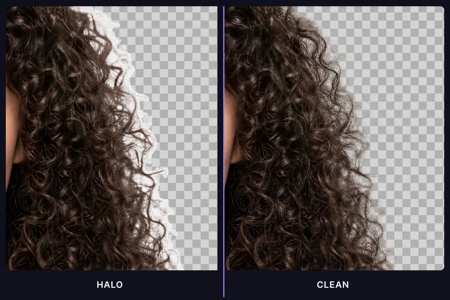 Extreme close-up comparing a haloed hair cutout against a clean one with preserved strands