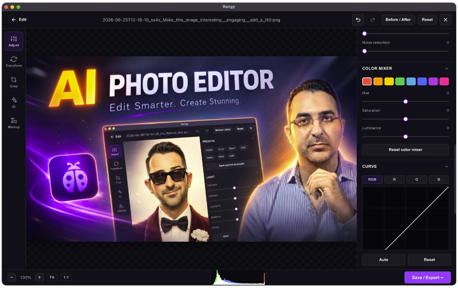 A photo editor with an AI panel offering background removal and object removal alongside adjustment tools