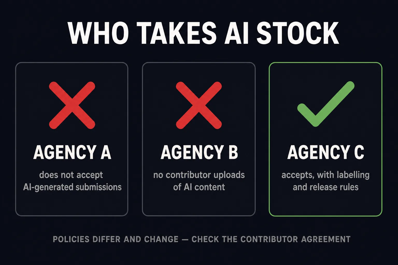 Three cards showing two agencies rejecting AI submissions and one accepting with conditions