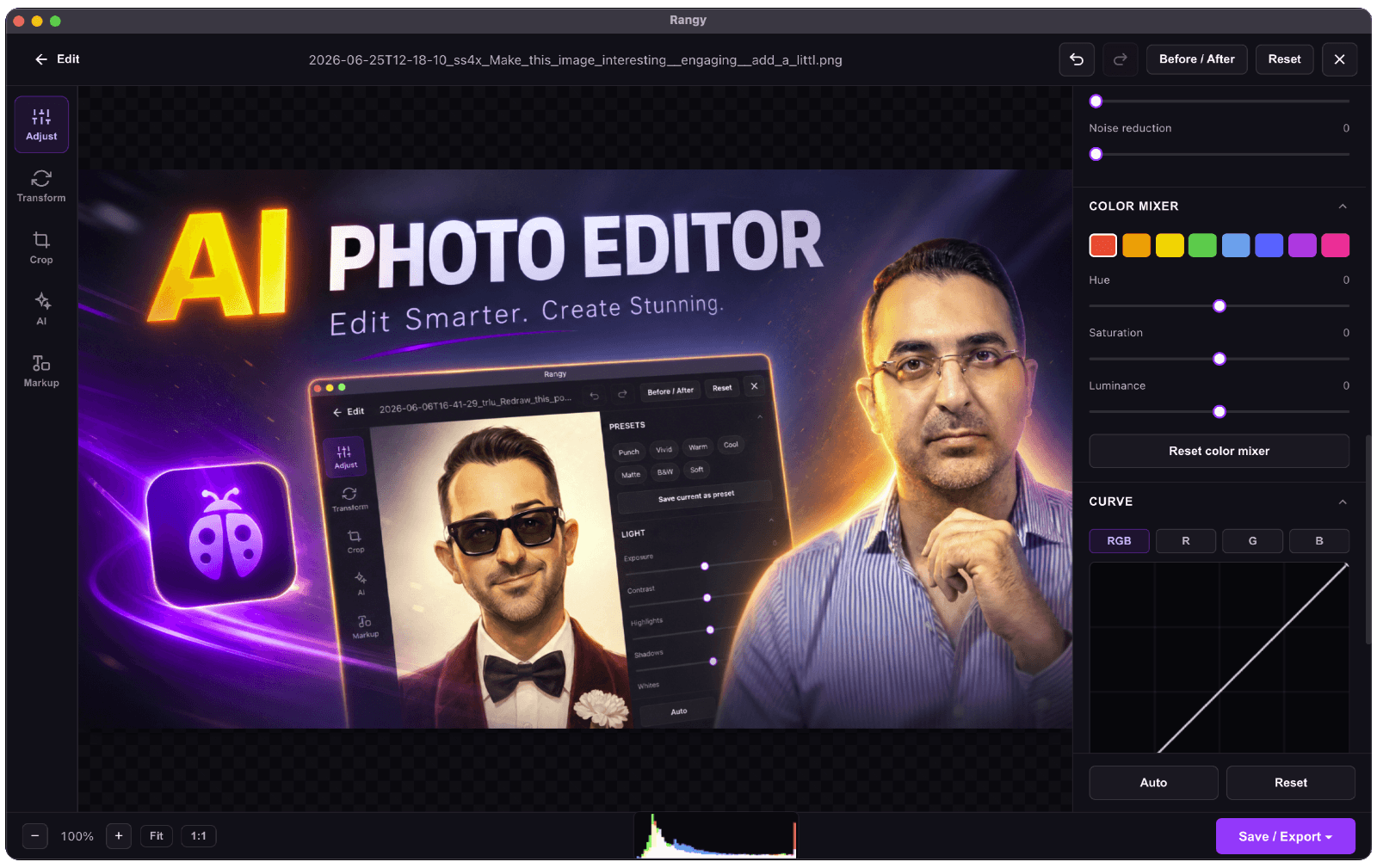 Rangy AI desktop app — the AI image editor editing a photo from a plain-language instruction