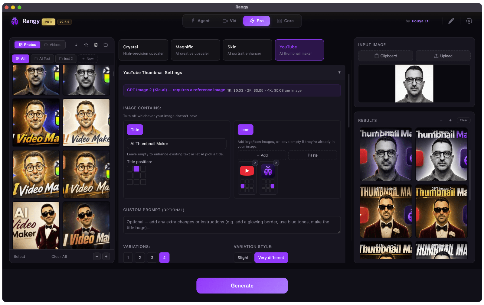 Rangy AI desktop app — YouTube Thumbnail maker in the Pro tab, building a thumbnail with a title and logos