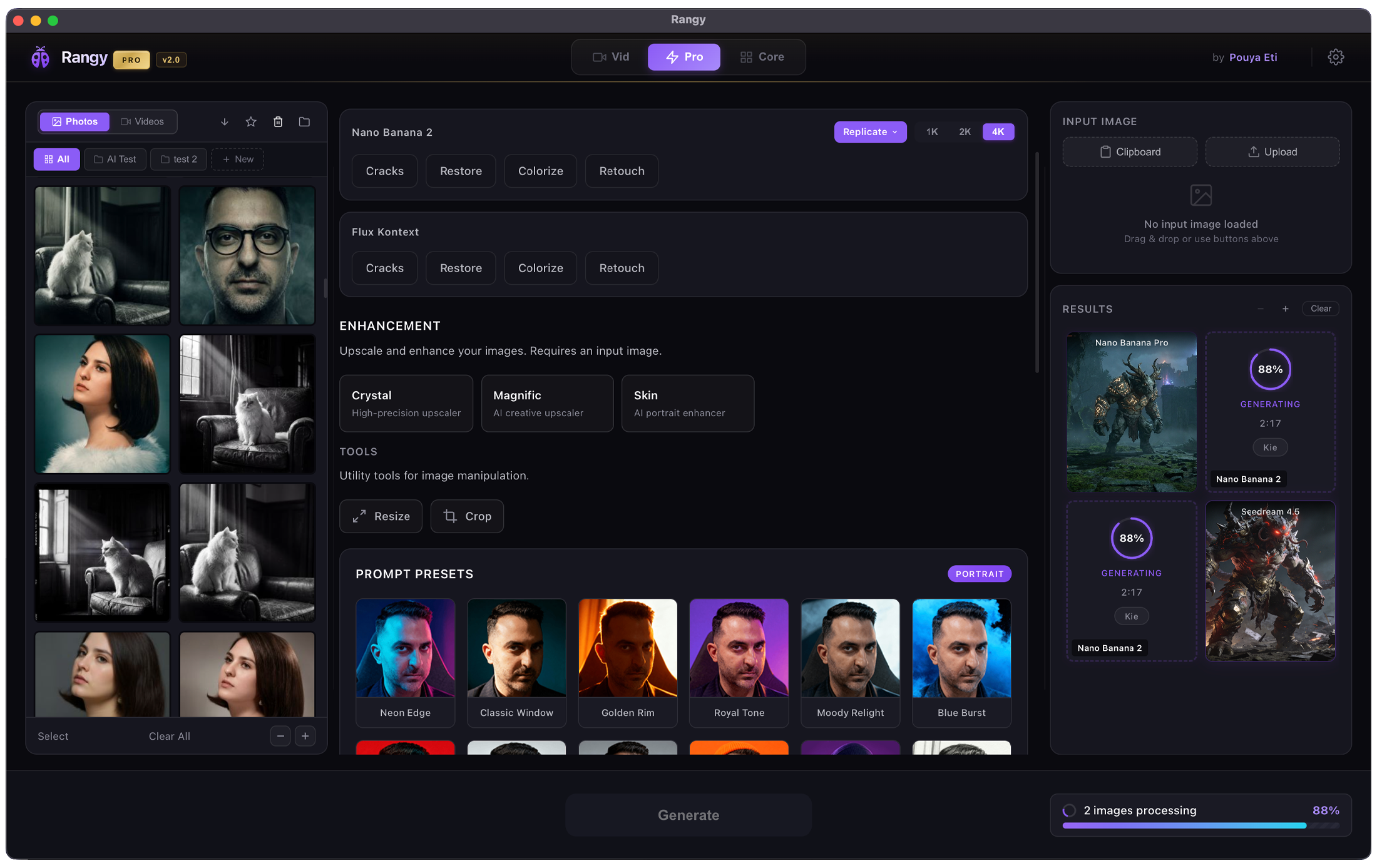 Rangy Pro tab — AI upscaling, photo restoration, colorization, prompt extraction, and prompt library tools
